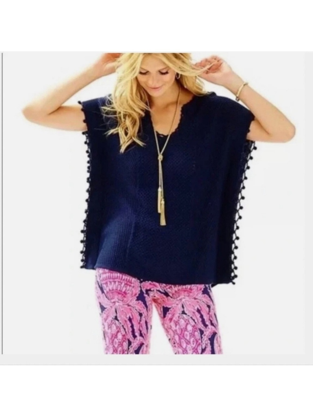 Lilly Pulitzer Cotton Knit Poncho Pom-Pom Trim Size XXS Navy